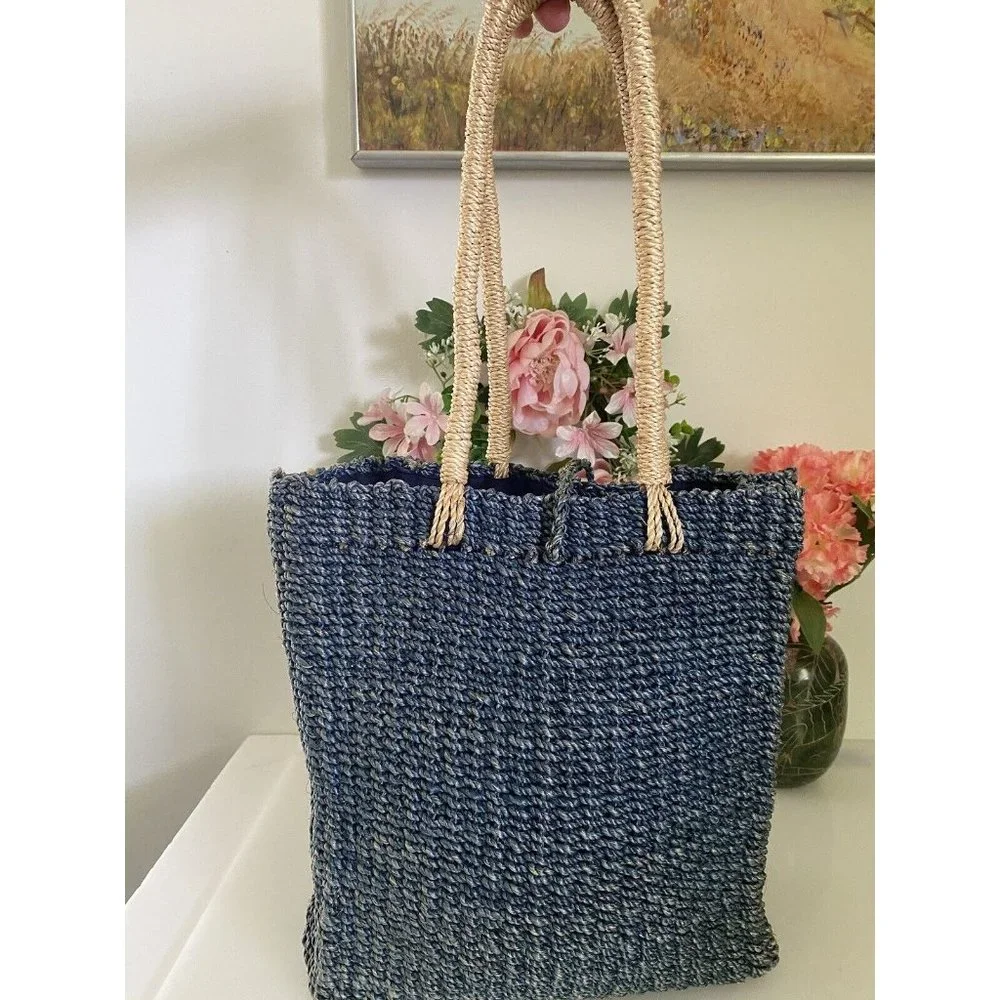 Kenneth Cole Reaction Powder Blue Abaca Straw‎ Logo Shoulder Handbag Vintage EUC